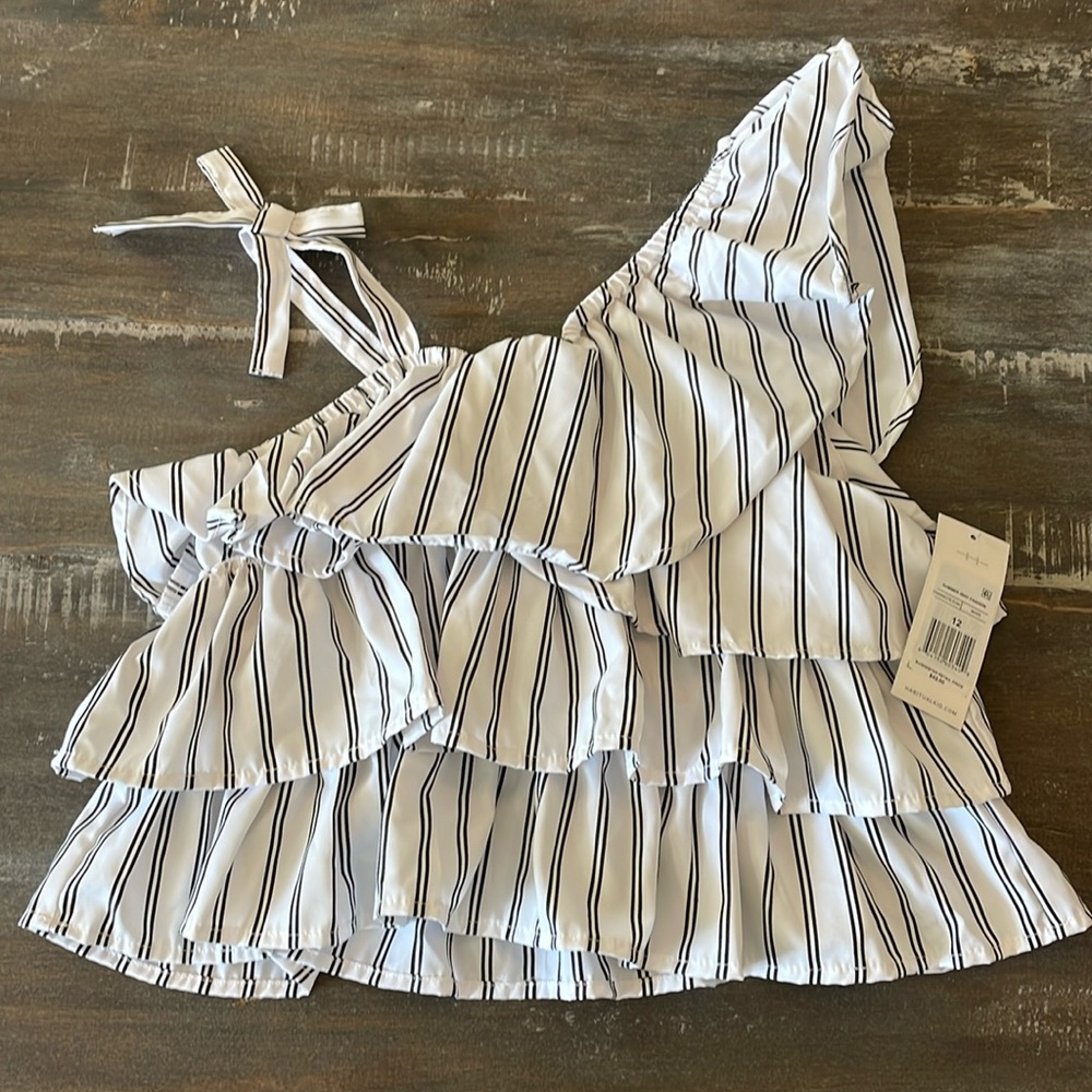 NWT Girls white with black stripe ruffle shirt. From Dillards.